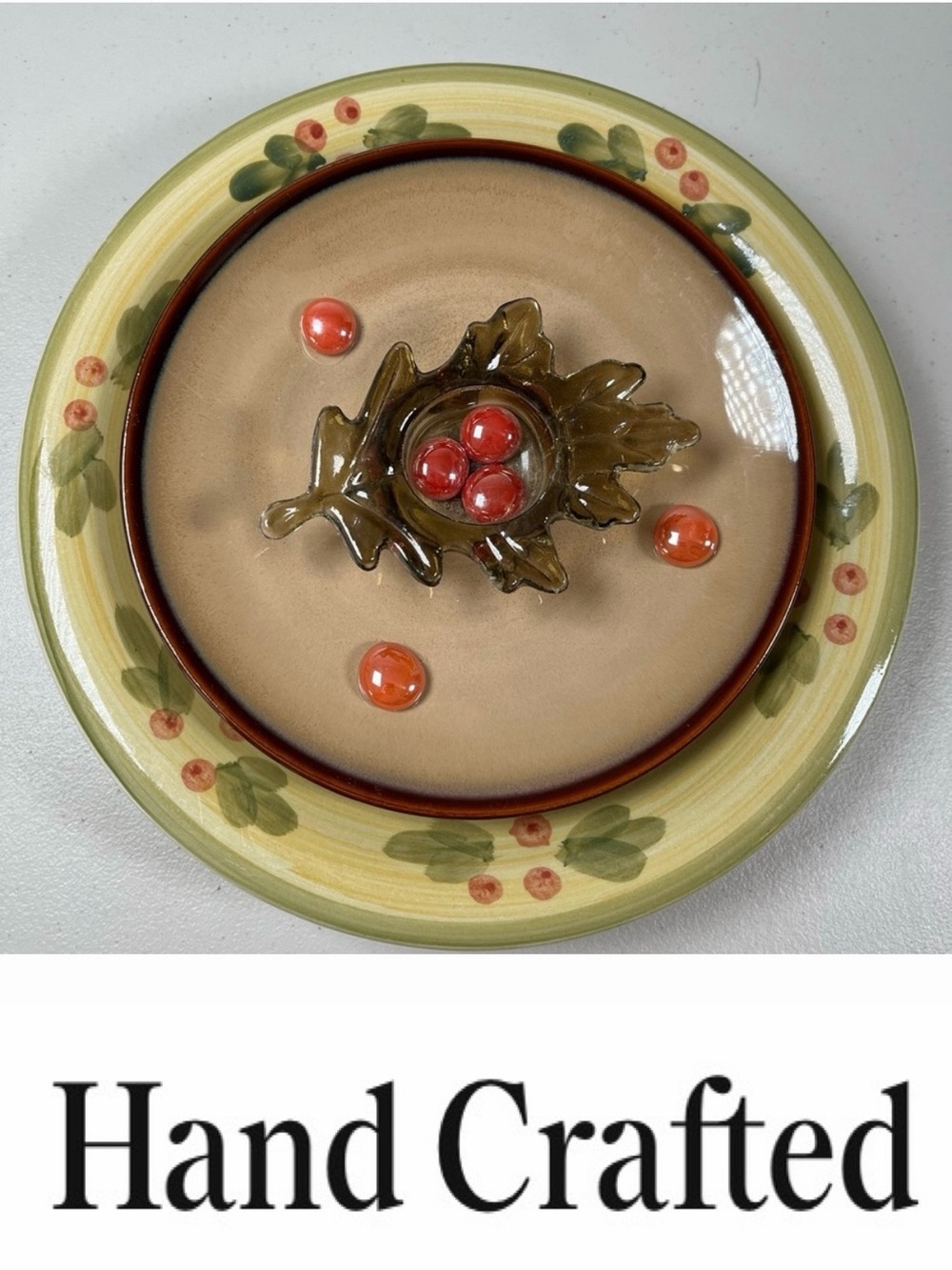 Hand Crafted Olive, Brown Red Leaf Plate, glass Art